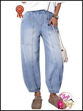 High Waisted Barrel Jeans Wide Leg Elastic Waist Denim Pants